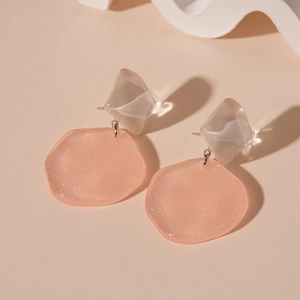 Sparkling resin irregular geometric drop earrings with pearlescent pink and grey accents