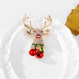 Christmas reindeer brooch with sparkling rhinestones and red bells for festive outfits