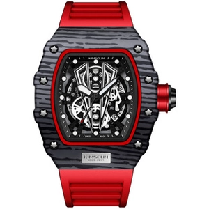 Macro shot of tonneau-shaped skeleton dial with red rubber strap and visible gears