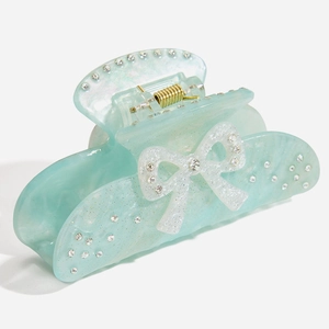 Elegant Marble Pattern Acetate Hair Claw Clip With White Rhinestone Bow Sweet Shark Clip For Women Hair Accessory