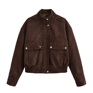 Women Faux Suede Jacket Stand Collar Deep Brown Zip Up Loose Fit Casual Streetwear Outerwear With Pockets Elastic Hem