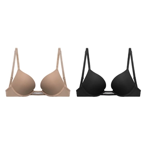 Seamless plunge push-up bra in beige and black with rhinestone details on the band