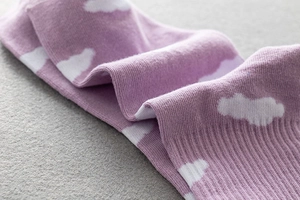 Detail showing soft purple knit fabric with white cloud jacquard and ribbed texture