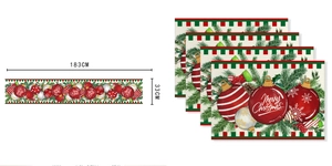 Christmas table runner and placemats set featuring festive ornaments and pine branch prints