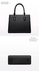 Detailed back and bottom view of black lychee grain leather tote with gold hardware