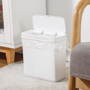 White narrow press-top plastic trash can with vertical stripes for kitchen and bathroom