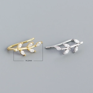 Elegant S925 silver leaf earrings with marquise crystals in gold and silver, 14.2mm size
