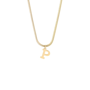 Macro detail of gold-plated stainless steel snake chain and polished letter P pendant