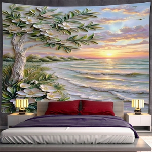 Detalle del tapiz de pared con flores en relieve 3D y paisaje de playa al atardecer