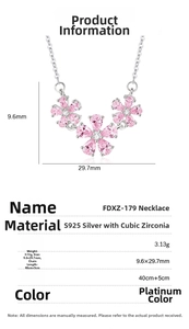 Detail view of S925 silver flower necklace with pink zirconia and dimension markings