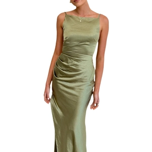Olive green satin slip midi dress featuring a ruched waist and side slit detail