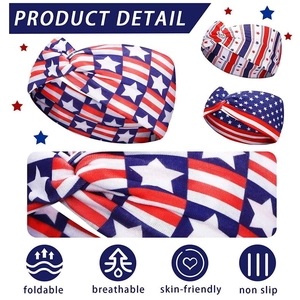 Detail of USA flag yoga headband showing knotted fabric texture and patriotic stars patterns