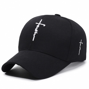 Black cotton baseball cap with white Faith cross embroidery on high crown structure