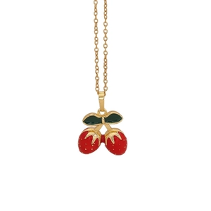 Chic gold chain necklace featuring a cute double red strawberry pendant with green leaves