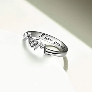 Silver I Love You Mom heart ring with sparkling crystals and pulse wave design