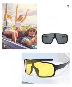 Close-up of matte black and bright yellow cycling sunglasses with one-piece wrap frames
