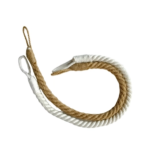 Handmade woven cotton and jute curtain tiebacks in white and brown braided rope style