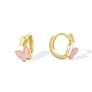 Elegant S925 sterling silver butterfly hoop earrings with pink enamel finish