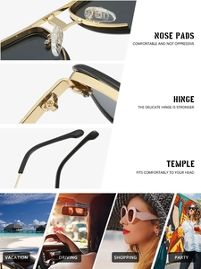 Detail of metal nose pads, durable hinges and lifestyle scenes for trendy aviator sunglasses