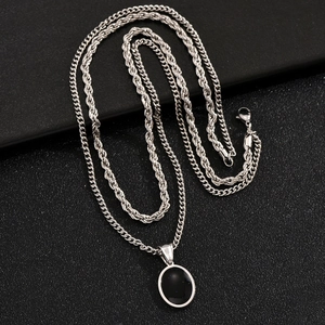 Hip hop double layer silver chain necklace with black oval gemstone geometric pendant