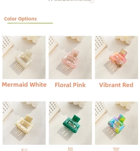 Detailed grid view showing six colors of acetate square claw clips on a leather background