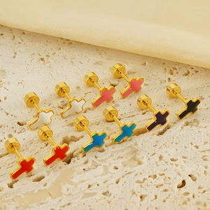Golden cross titanium steel screw back earrings with colorful enamel dripping oil design
