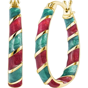 Festive gold hoop earrings with red and green spiral glitter enamel for Christmas
