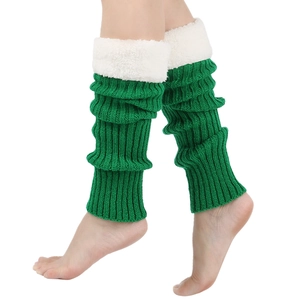 Detail of green knit leg warmer with white faux fur trim and ribbed texture