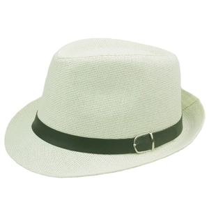 Classic white straw jazz fedora hat with black leather band and silver buckle