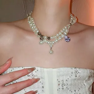 Doppelreihige Künstliche Perlenkette Lila Wassertropfen Zirkon Anhänger Kupfer Silber Künstliche Perlen Französisch Vintage Luxus Schlüsselbeinkette
