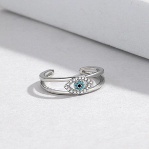 Silver evil eye open ring with double layer band and blue turquoise stones