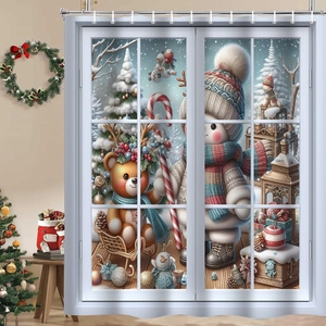Detail of Christmas reindeer shower curtain fabric with metal rings and festive pattern