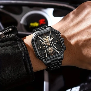 Men's stylish black square dial watch with metal strap on wrist, creative calendar design