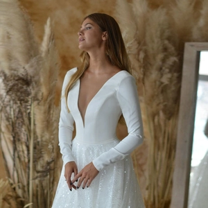 Deep V-Neck Wedding Dress Long Sleeves Sequined A-Line Bridal Gown Ivory Satin Mesh Boho Style Elegant For Women