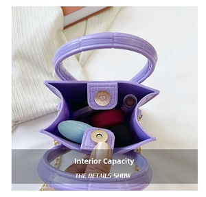 Detail showing the internal capacity of the lavender mini bag with crocodile texture