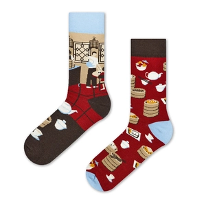 Cartoon crew socks with mismatched dim sum pattern and traditional tea house illustration
