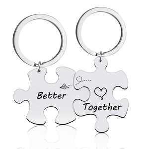 Polished stainless steel Better Together puzzle keychains with heart and plane engraving