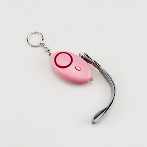 Allarme di sicurezza rosa con torcia LED, portachiavi in metallo e laccetto grigio