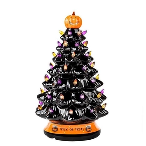 Ceramic Halloween tree with colorful LED lights and Trick or Treat pumpkin base