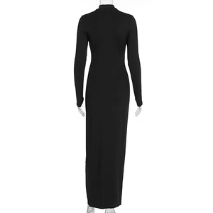 Detail of black slim fit maxi dress with mock neck design and long sleeves from the back