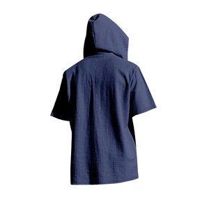 Back view of a navy blue linen hooded short sleeve shirt on a clean white background