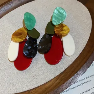 French vintage acrylic teardrop drop earrings with colorful pebble-shaped resin layers