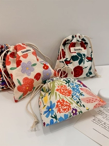 Japanese floral cotton drawstring storage pouches with minimalist Sozakka brand label