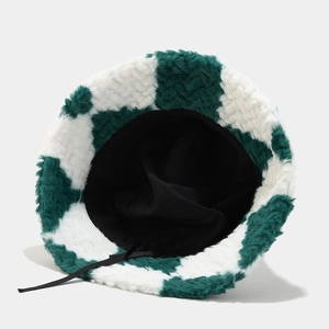 Green and white checkered plush bucket hat for women with warm faux fur material