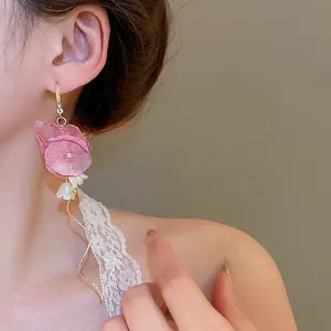 Pink fabric petal earrings with pearl tassels and gold wave metal long fringe style