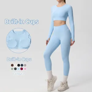 Women Nylon Spandex Yoga Set Long Sleeve Top And High Waist Leggings Skin Friendly Breathable Gym Fitness Sportswear Top And Bottom