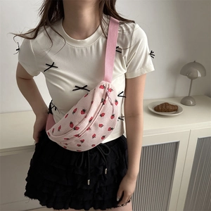 Minimalist pink corduroy waist bag with cute strawberry pattern for daily casual wear