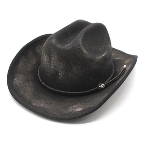 Vintage Western Cowboy Hat Woolen Wide Brim Distressed Jazz Fedora With Woven Band Metal Buckle For Men Women