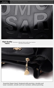 Detail of black pebbled leather texture and embossed lettering with gold zipper hardware