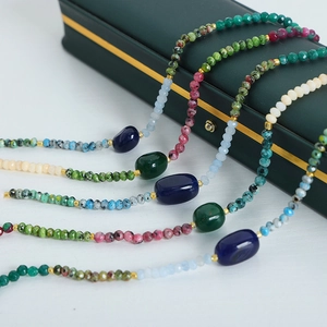 Bohemian style gold plated titanium steel necklace with colorful agate beads and main stone